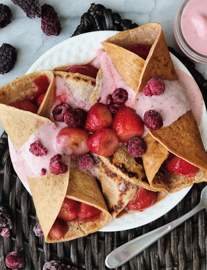 Vegan Strawberry Raspberry Crepes with Cream Filling