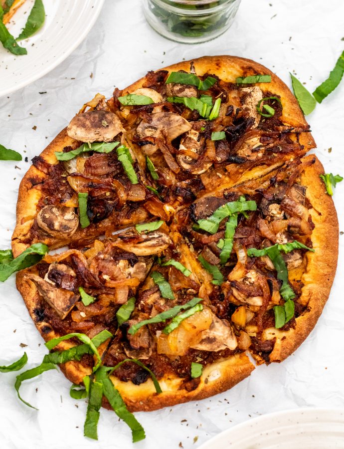 Caramelized Onion and Mushroom Naan Bread Pizza