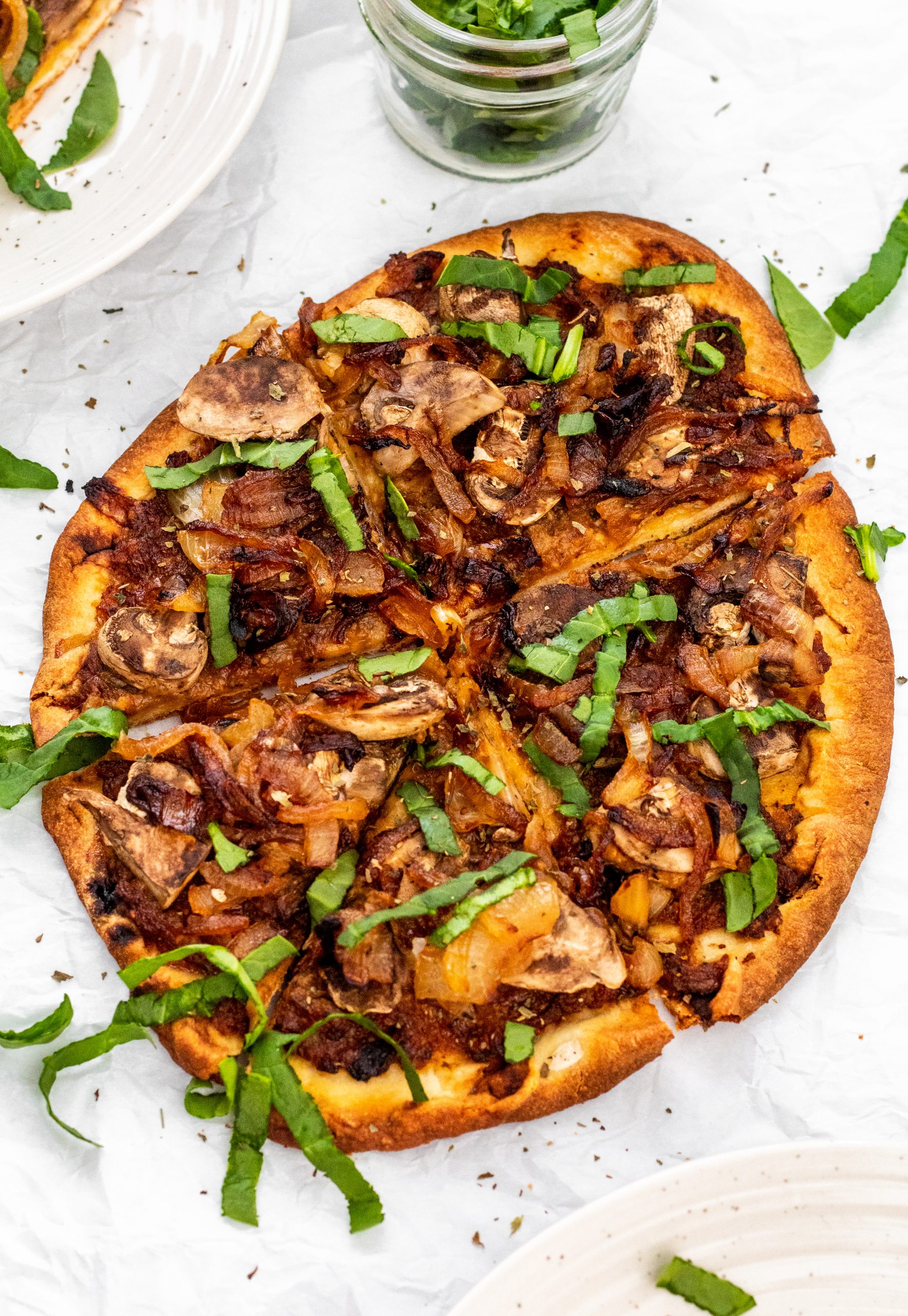 caramelized onion and mushroom naan bread pizza