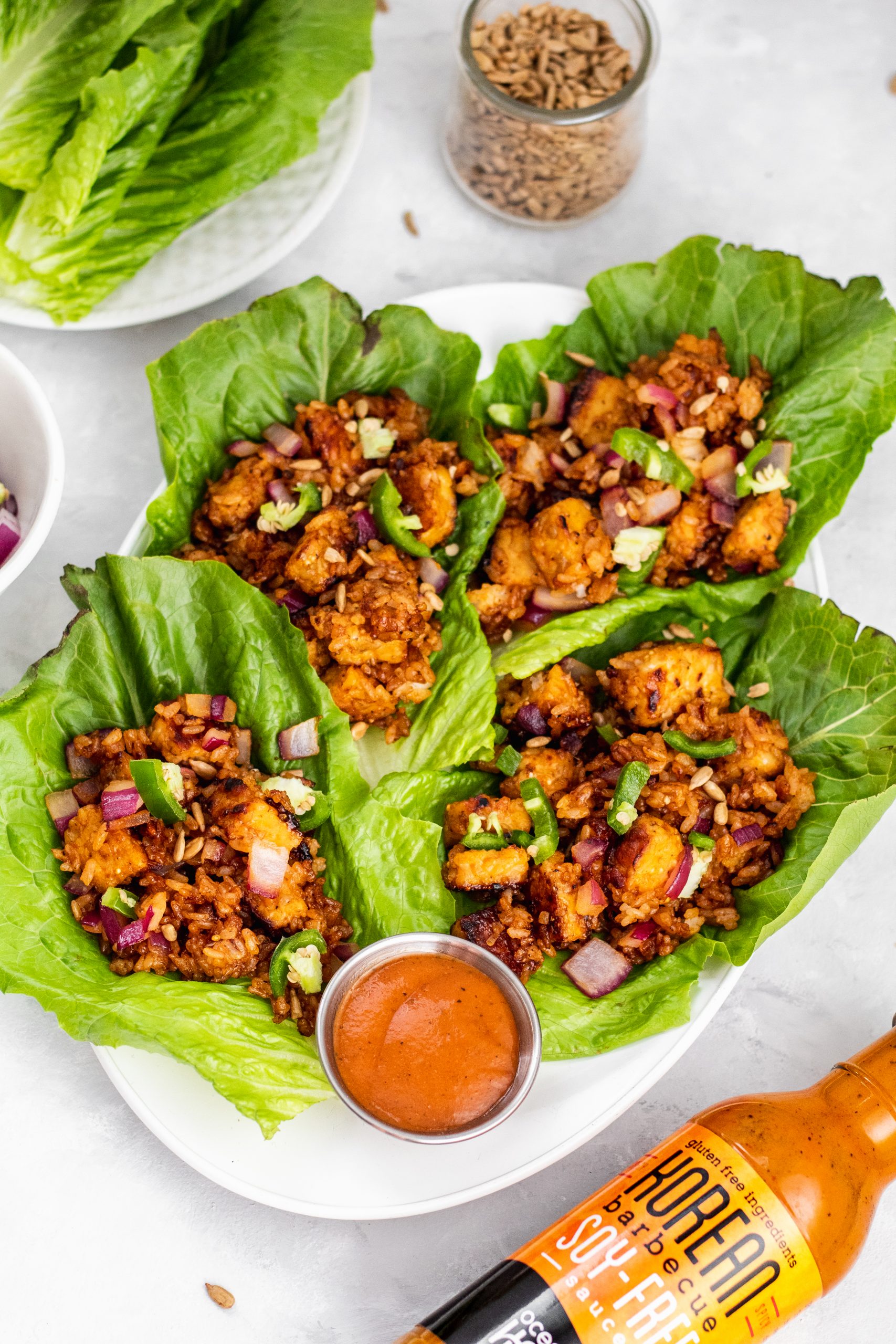 korean bbq tempeh lettuce wraps with rice and onions