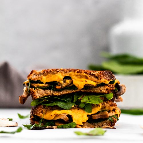 vegan mushroom and spinach grilled cheese sandwich